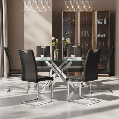 51inch Glass Dining Table Set, Modern Kitchen Table Set with High-Back PU Leather Upholstered Chair for Kitchen Dining Room