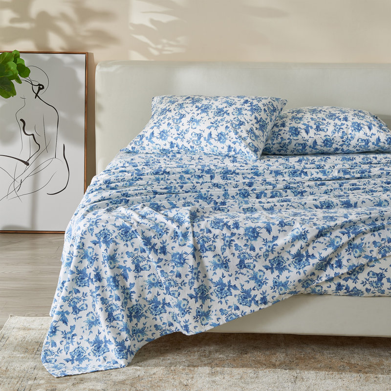Ensemble de draps 100% coton, Ensemble de draps pour grand lit + un drap-housse, Motif floral, bleu