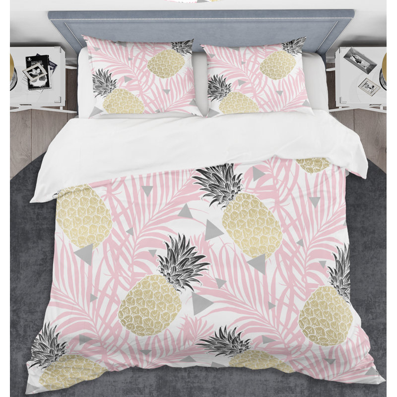 Ensemble de housse de couette à feuilles d’ananas mid-century, Housse de couette très grand + 2 taies décoratives