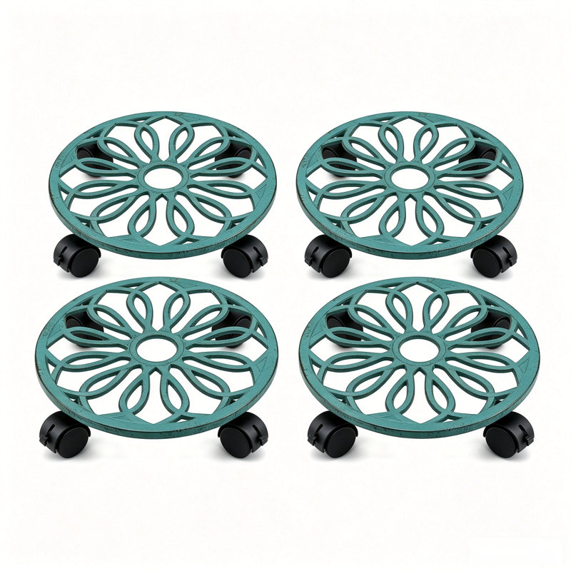 Support à plantes robuste en fonte de 30 cm avec roulettes verrouillables (lot de 4), fini patiné, Patine