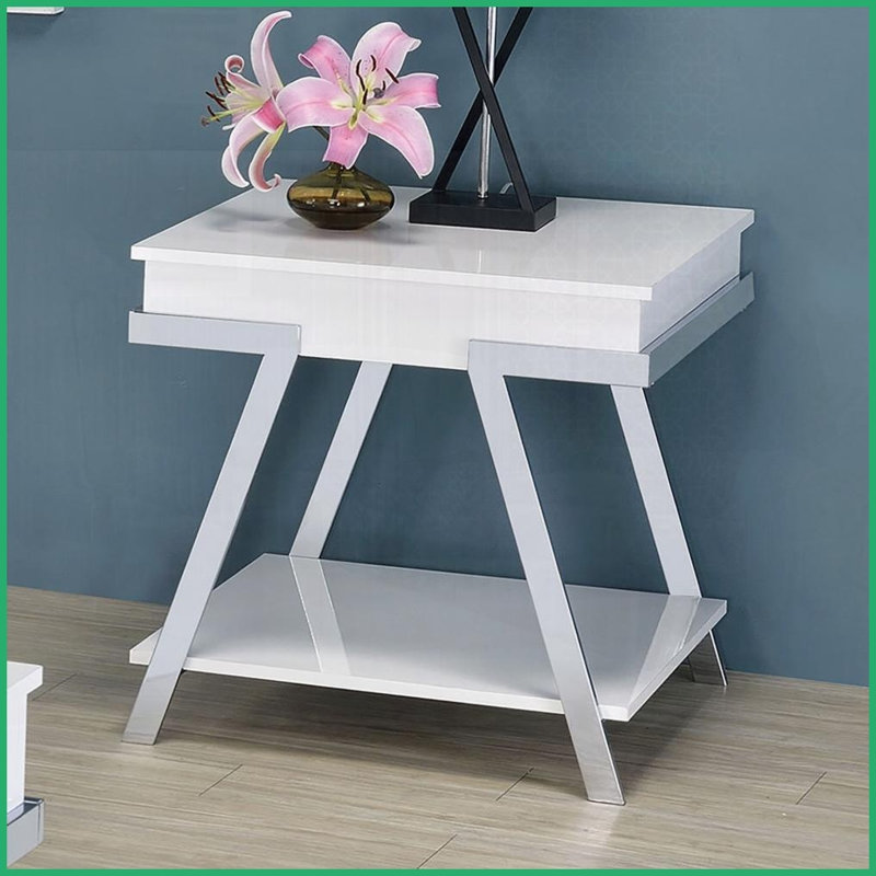 Table basse contemporaine blanche avec cadre chromé Finition ultrabrillante - Tablette ouverte peu encombrante pour le salon