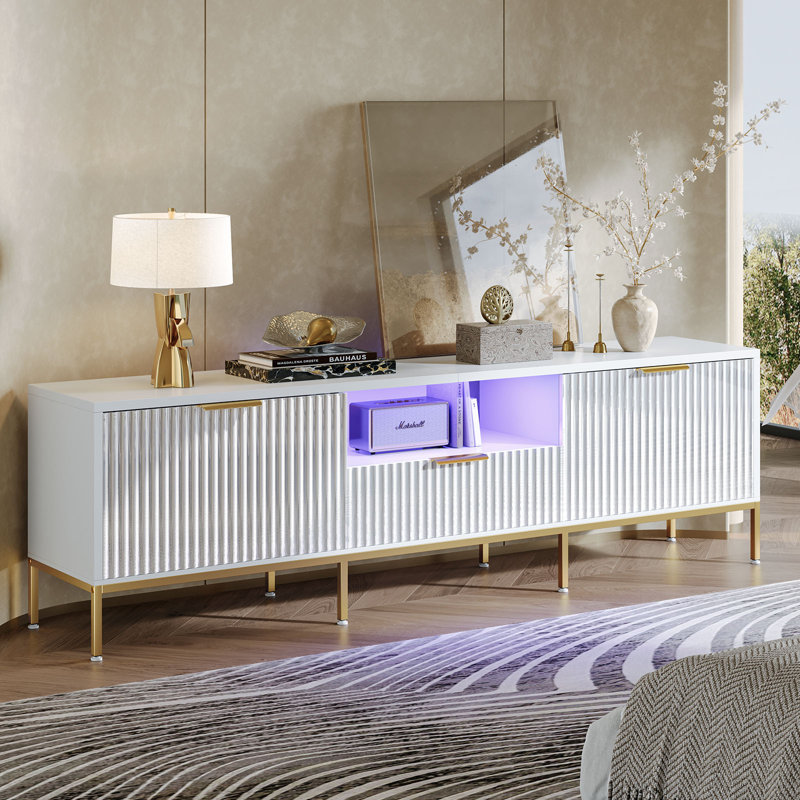 Fluted TV Stand, Glossy Media Console with Wave Pattern Buffet Cabinet, 54cm H x 178cm W x 35cm D, White