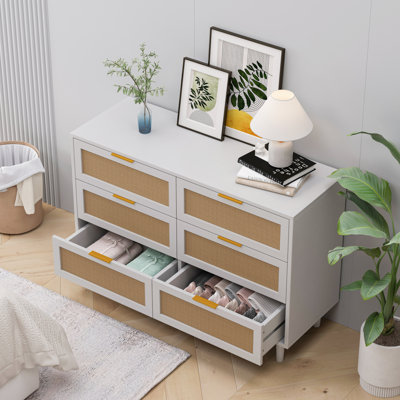 43,31 po, armoire de rangement à 6 tiroirs en rotin, pour chambre à coucher, salon, blanc
