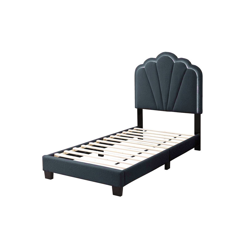 Luxueux lit simple en laine gris anthracite à motif floral avec tête de lit à DEL entièrement rembourrée, Gris anthracite