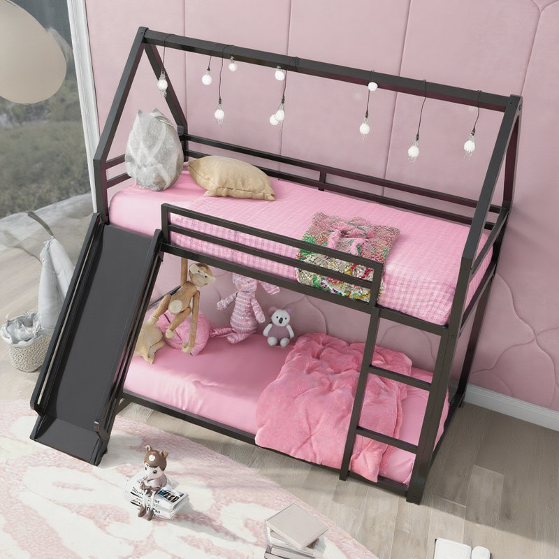 Lit superposé simple au-dessus de simple pour enfants - noir, échelle et toboggan, lit amusant peu encombrant, Noir