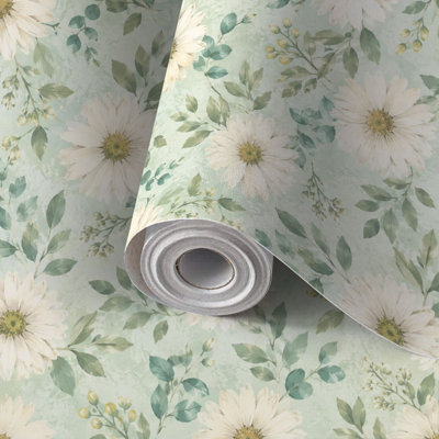 Peel and Stick Wallpaper Contact Paper Vintage White Daisy Floral Green Leaves Soft Mint Self Adhesive and Removable 17.7in x 118in(45x300cm)