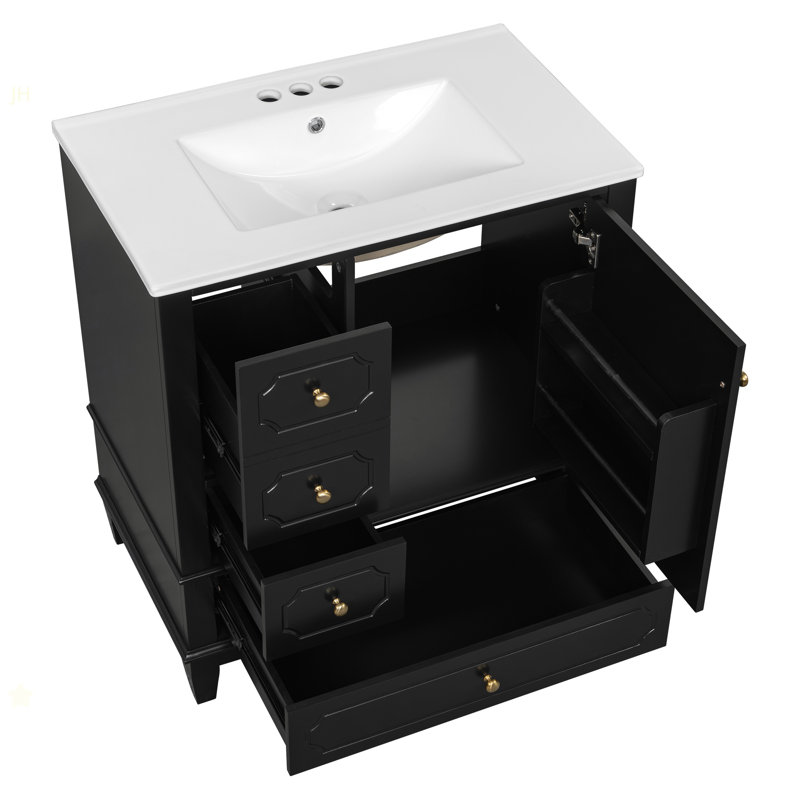 Meuble-lavabo 30 po avec lavabo, meuble-lavabo autoportant noir avec lavabo en céramique, structure en bois massif, porte à fermeture en douceur, 3 tiroirs, panneau de fibres à densité moyenne peint et bois d'hévéa, tablettes de rangement incluses