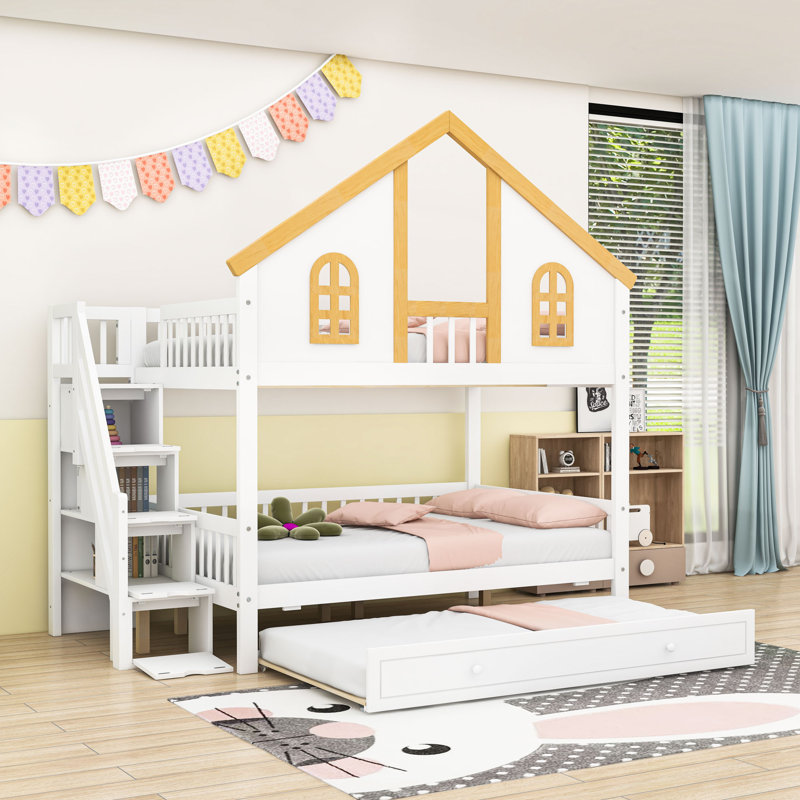 Wooden Bunk Bed with Window Door and Roof, Storage Staircase and Twin Trundle, Full Over Full
