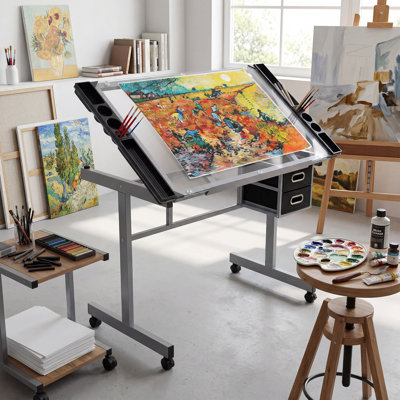 Adjustable Glass Drafting Table - 0-65° Tilting Tabletop, 2 Storage Drawers, 4 Rolling Wheels - Multifunctional Art Computer Desk for Artists, Designers, Home Office - Silver Gray