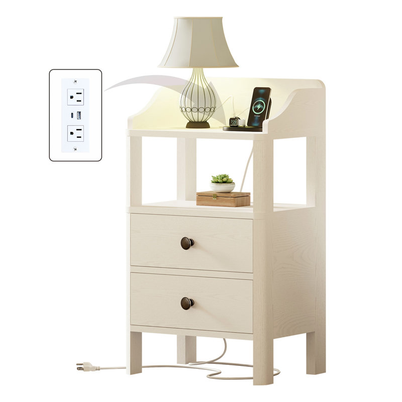 Table de bout en bois à 2 tiroirs 15 po avec station de charge, Blanc