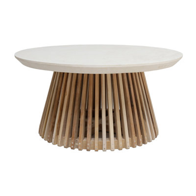 Table basse ronde avec plateau en pierre de lave / grc et base en teck
