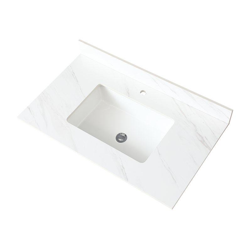 Comptoir de meuble-lavabo en pierre frittée blanche de 37 pouces avec dosseret et trou de 4 po - Pierre, lavabo rectangulaire, trou de robinet pré-percé,