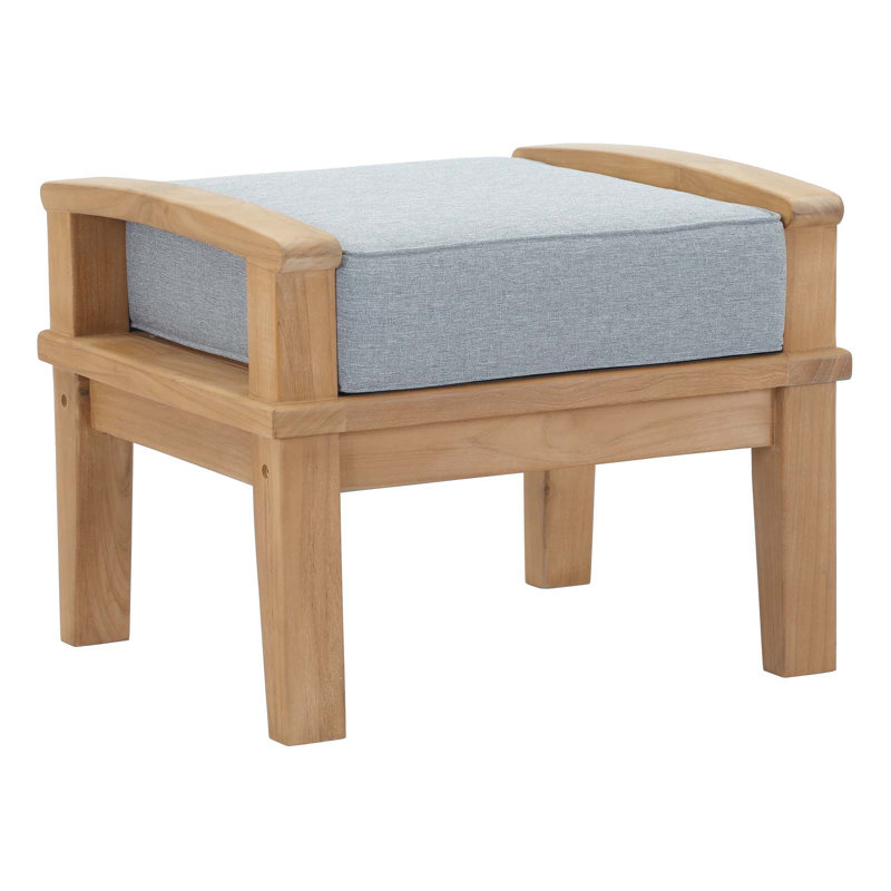 Natural Gray Teak Wood Outdoor Patio Ottoman with Cushion