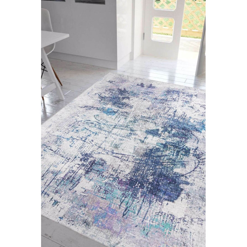 Tapis décoratif rayé gris et bleu, Rond 5 pi
