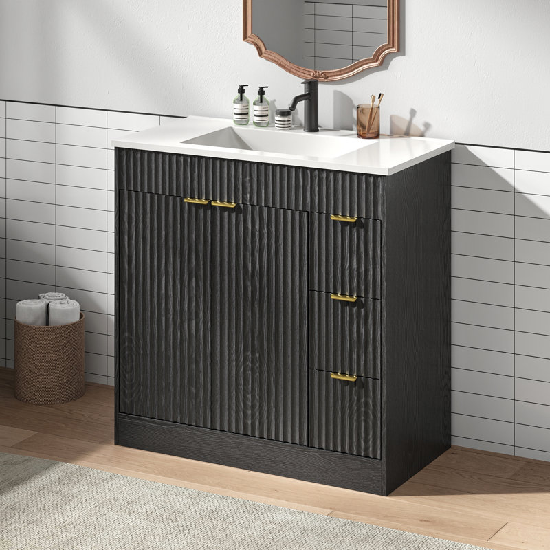 Meuble-lavabo simple en bois avec 3 tiroirs Adonia Modern, Noir, 36"