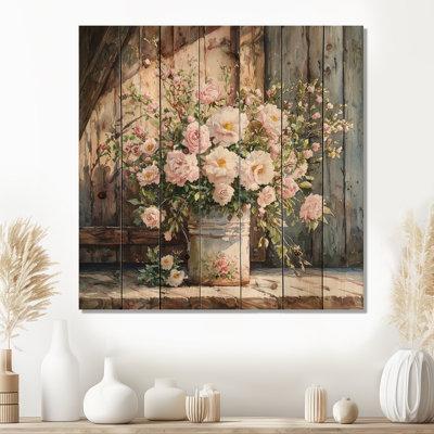 Summer Blush Rose Bouquet At The Barn I - Roses Wood Print - On Natural Pine Wood