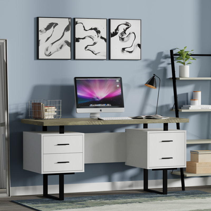 Auniya 60'' Desk, Dark Taupe Top, White Body, Black Metal/Hardware