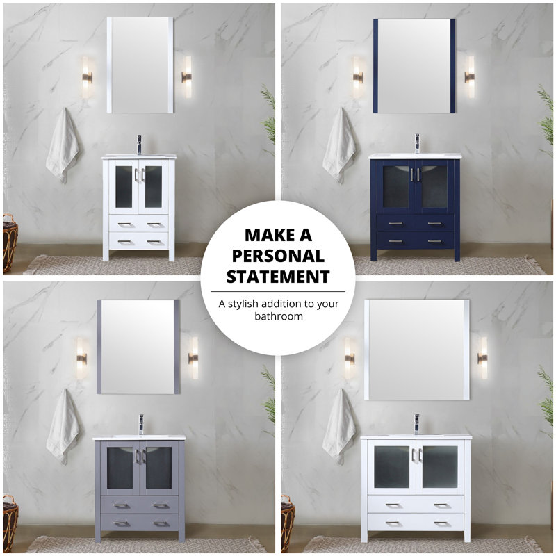 Volez 48 in W x 18.25 in D Single Bath Vanity with Side Cabinet, White Ceramic Top and 34 in Mirror, Navy Blue