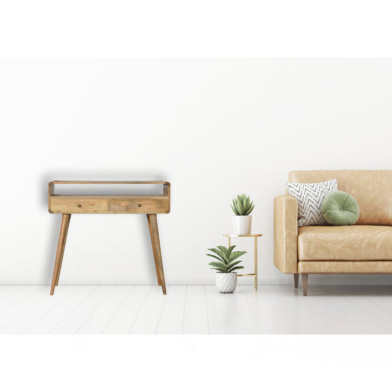 Curved Oak-Ish Console Table, Nordic Legs, 2-Drawers, Open Slot, Brown, Oak