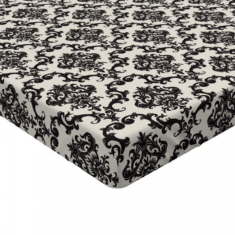 Microfiber Damask Fitted Sheet, Queen Fitted Sheet, Black/Beige