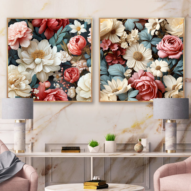 Vintage pivoines bohème rétro - ensemble de 2 collages floraux carrés, Cadre flottant doré, H 36 po x l 73 po