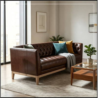 3 Seater Faux Leather Virnelli with Button Tufted Design and Wood Legs
