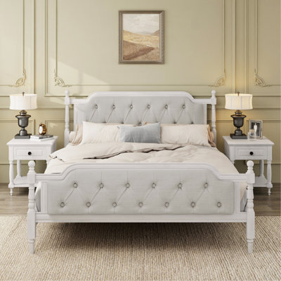 Traditional Style Solid Wood Bed Frame With Upholstered Tufted Headboard,No Box Spring Needed,Queen Size, Antique White
