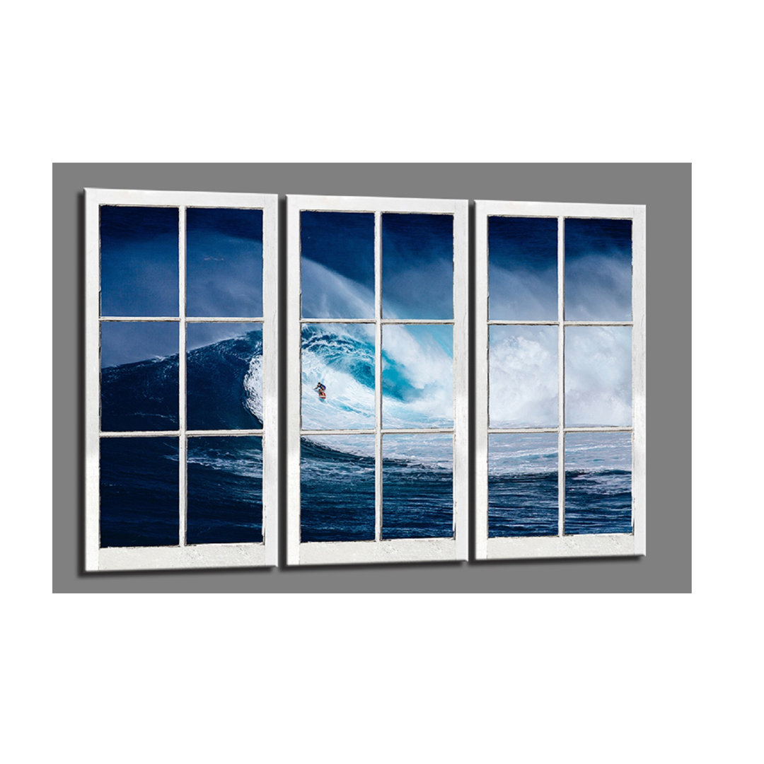 3-tlg. gerahmtes Leinwandbilder-Set Fensterblick Surfer