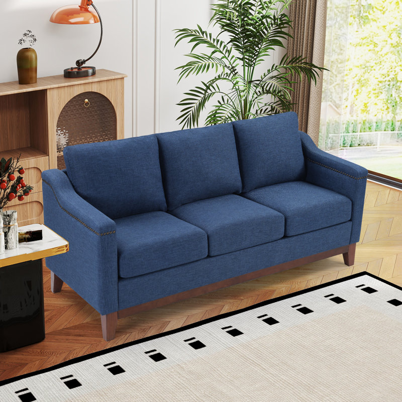 Modern Classic Upholstered Sofa With Nailhead Trim And Wooden Legs, Blue