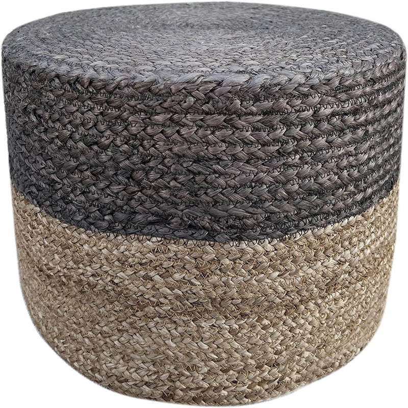 Gray and Beige Handwoven Jute Round Pouf Ottoman