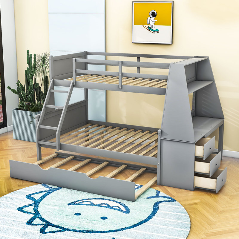 Fareha Kids Twin Over Full Bunk Bed with Trundle with Drawers, Gray