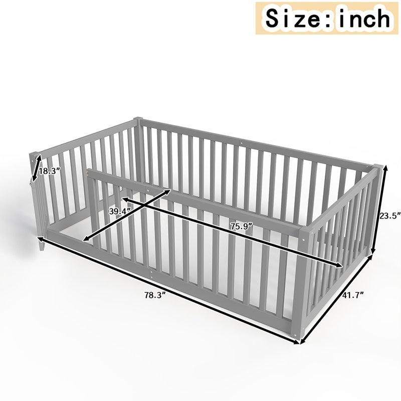 Lit simple avec garde-corps et porte pour enfants, Lit simple, Gris