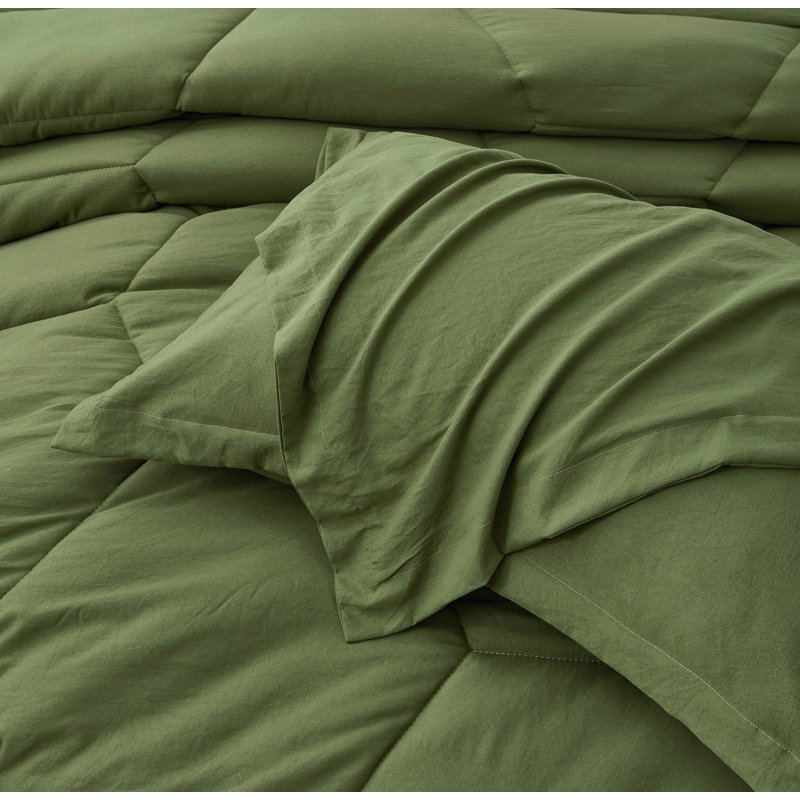 Washed Microfiber Bedding Honeycomb Comforter Set, Queen Comforter + 2 Standard Shams, Olive Green