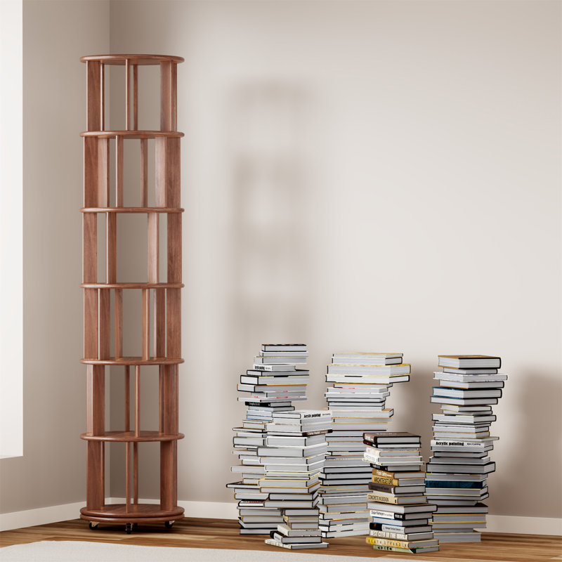 Bibliothèque rotative 100% bois massif sur roulettes, (6 tablettes) H 77,3 po x l 17,3 po x P 17,3 po