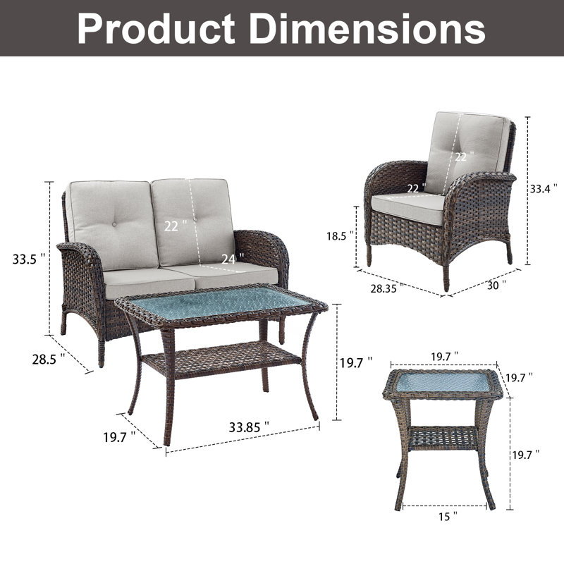 Aluel 5-Pieces Outdoor Patio Loveseat Seating Group With Cushions, Beige
