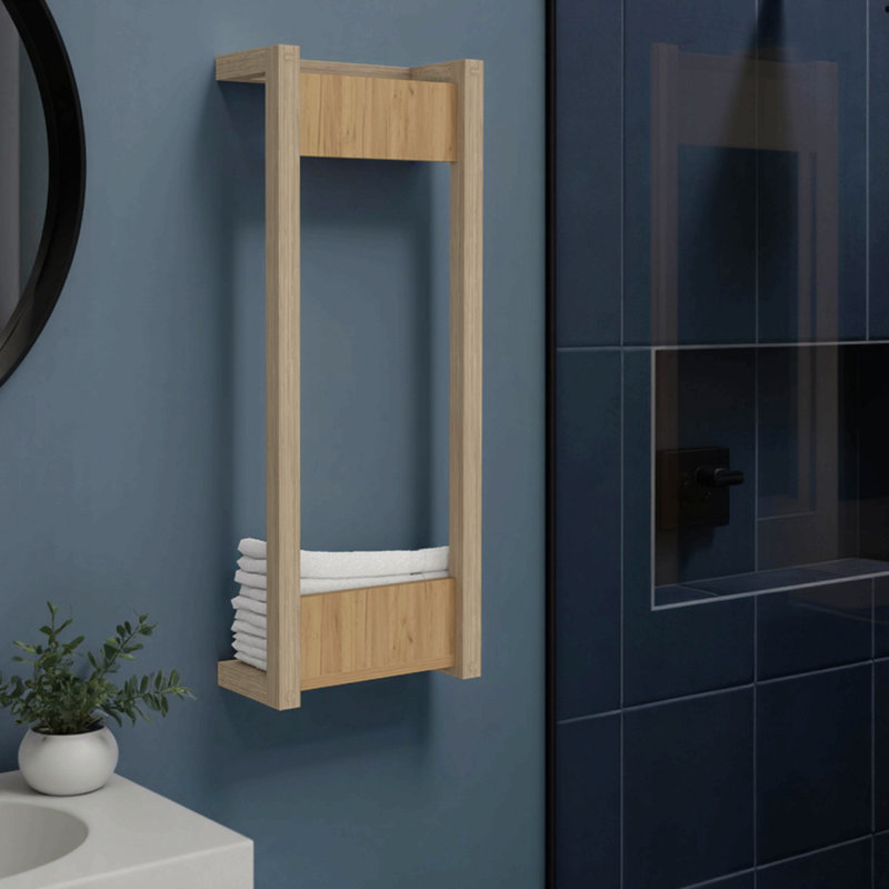 Porte-serviettes mural avec tablette et barre de suspension, chêne naturel