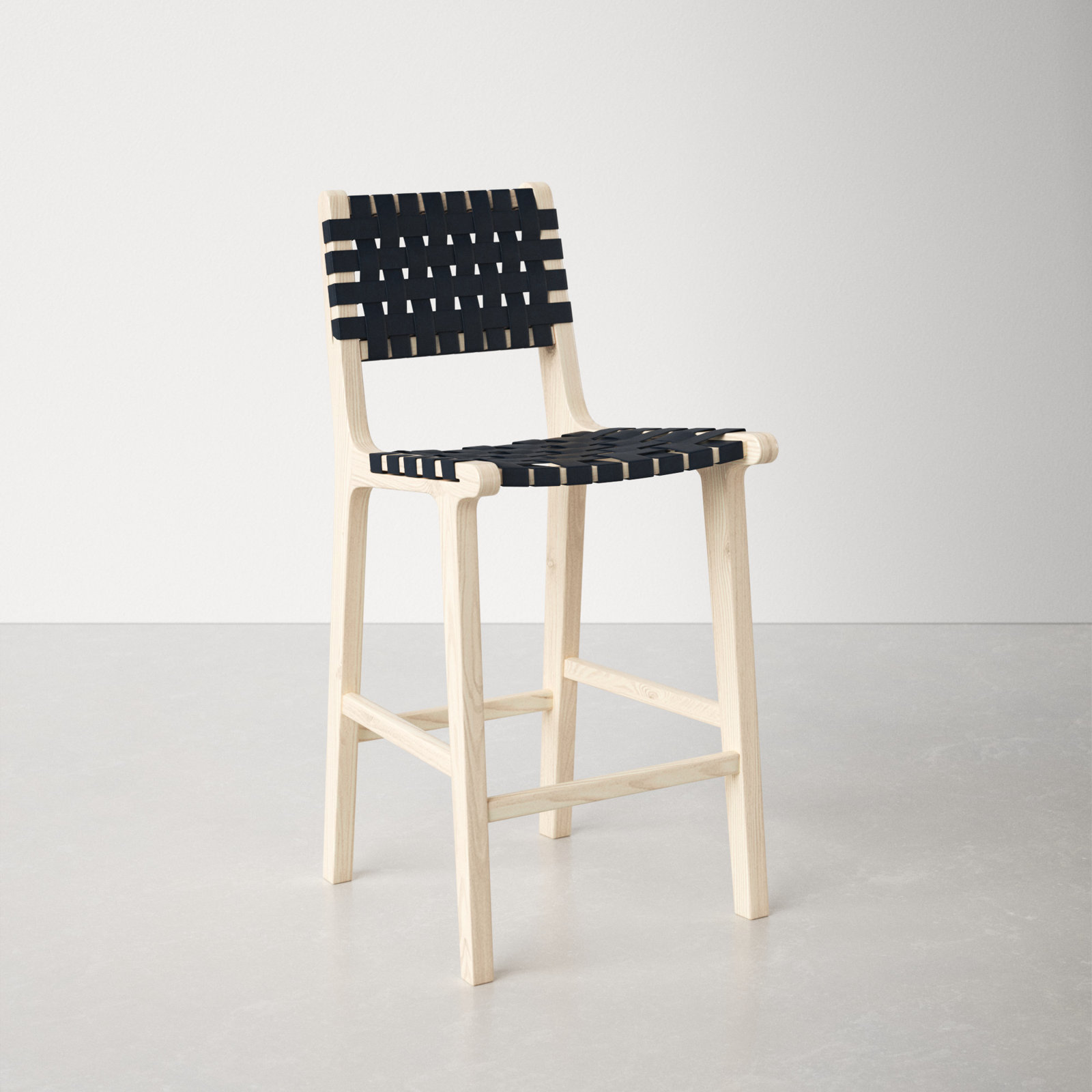 Alston Leather Stool, Black Leather/Natural Unfinished Frame, Bar Stool (29.70" Seat Height)