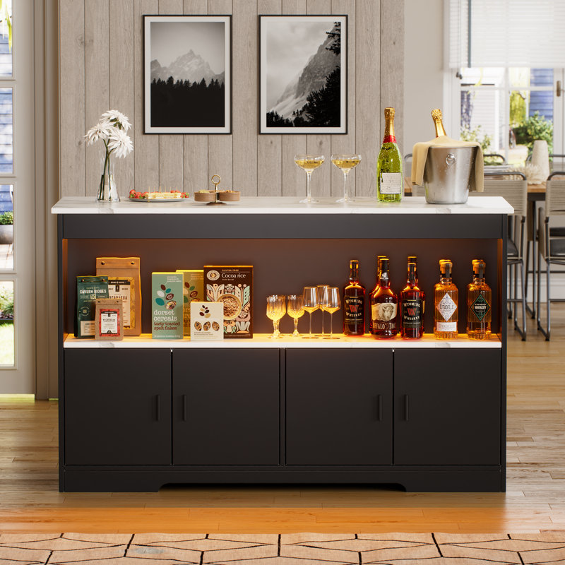 43.3" Modern Kitchen Island With Storage And Seating Space, Island Table With Cabinets And LED Light, Imitation Marble Dining Table (Without Bar Stools)