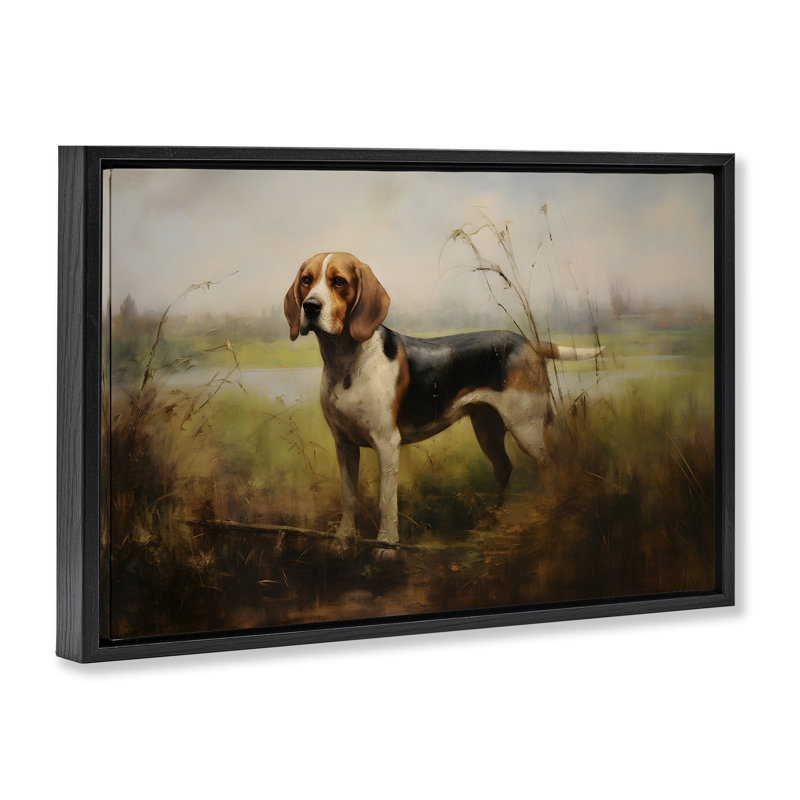 Toile flottante encadrée grise Beagle Dog par Petal Prints Design, Cadre flottant noir de jais, H 17 po x l 25 po