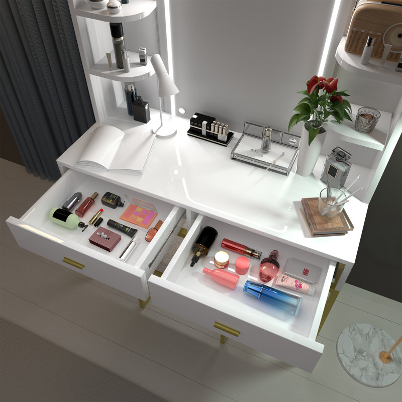 Ensemble coiffeuse avec miroir lumineux Gianalberto, Or/blanc