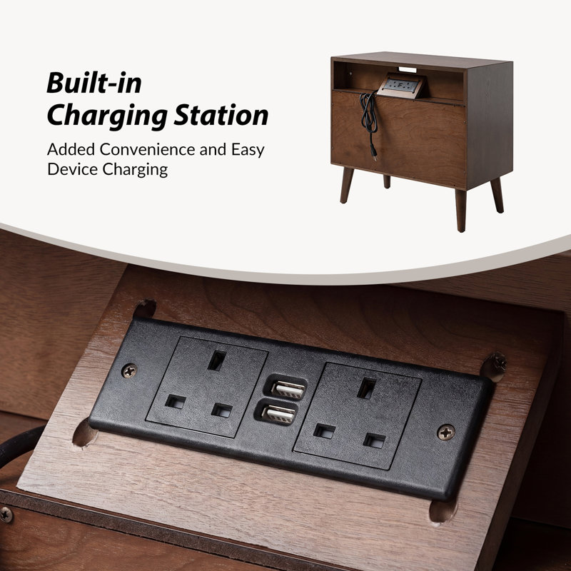 Aviannah Mid-Century Modern 2 - Drawer Nightstand With Built-In Charging Station And Legs And Open Shelf, Walnut