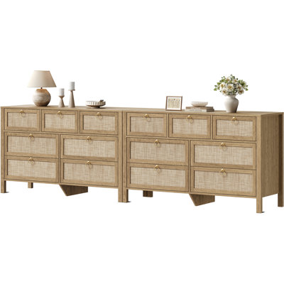 Pomodoro 51" W Rattan 7-Drawer Dresser With Golden Handles, Coastal Boho Bedroom Storage Chest