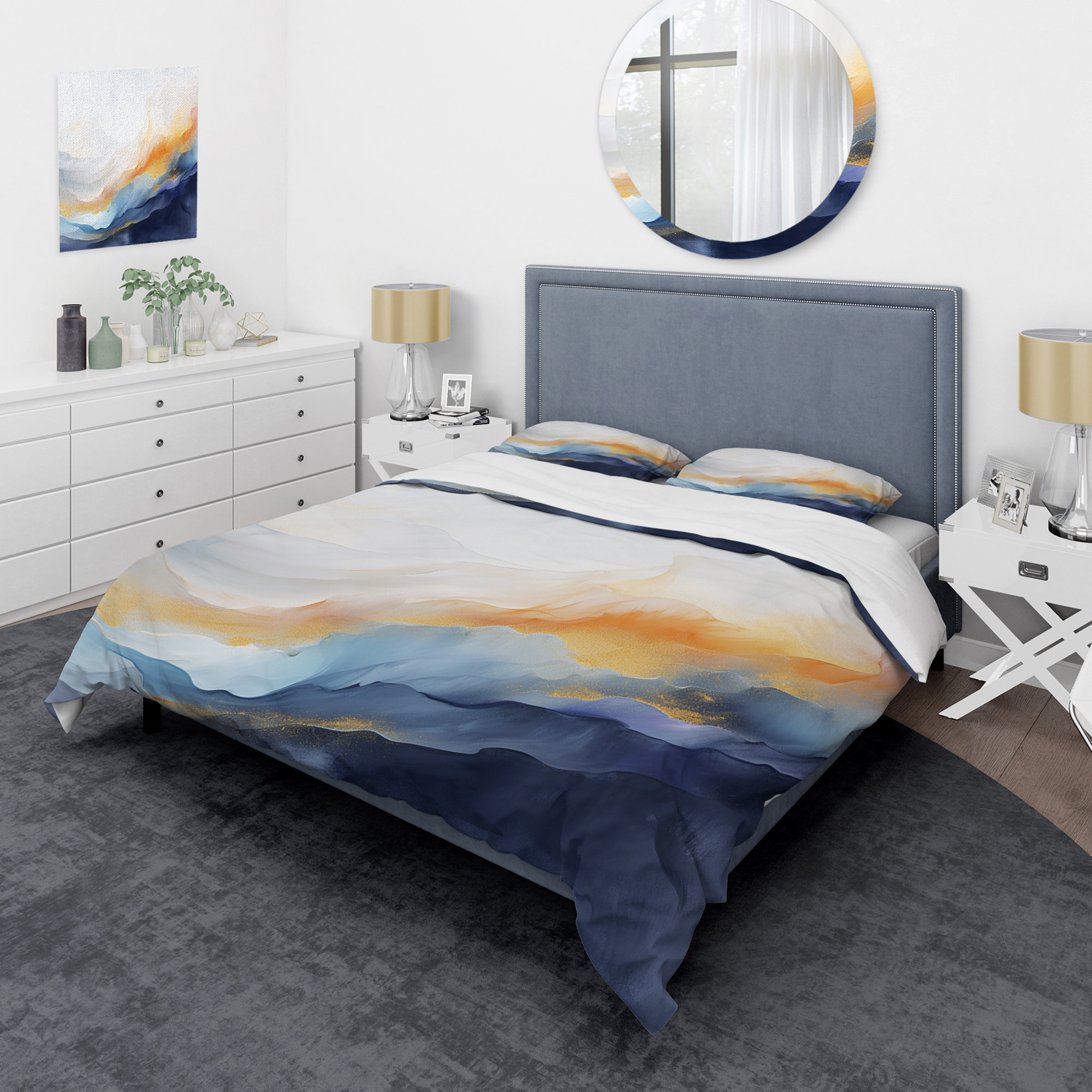 Designart Marble Storm in Blue and Yellow Abstract I Abstract Painting Bedding Covert Set - Abstract Blue Modern Bed Set with 2 Shams, Size: King, image size:2000x2000