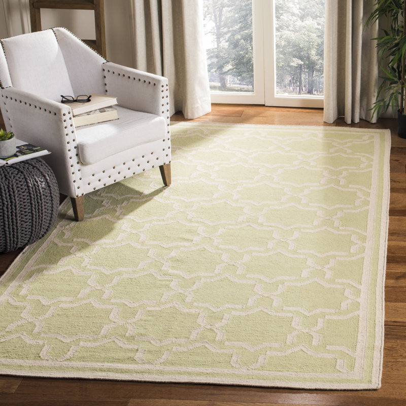 Tapis en laine / coton tissé à la main à plat Rodgers en ivoire / vert clair, Rectangle 6 pi x 9 pi