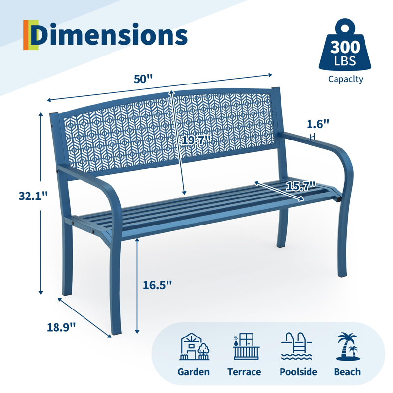 Heavy Duty 50 Inch Garden Bench, Ergonomic Metal Outdoor Bench for Outside Seating, Modern Patio Furniture with Geometric Pattern, Weatherproof Seating for Yard, Deck and Porch
