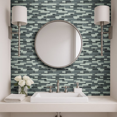 Meridian Shale Blue 12 in. x 12 in. Glossy Glass Interlocking Mosaic Wall Tile