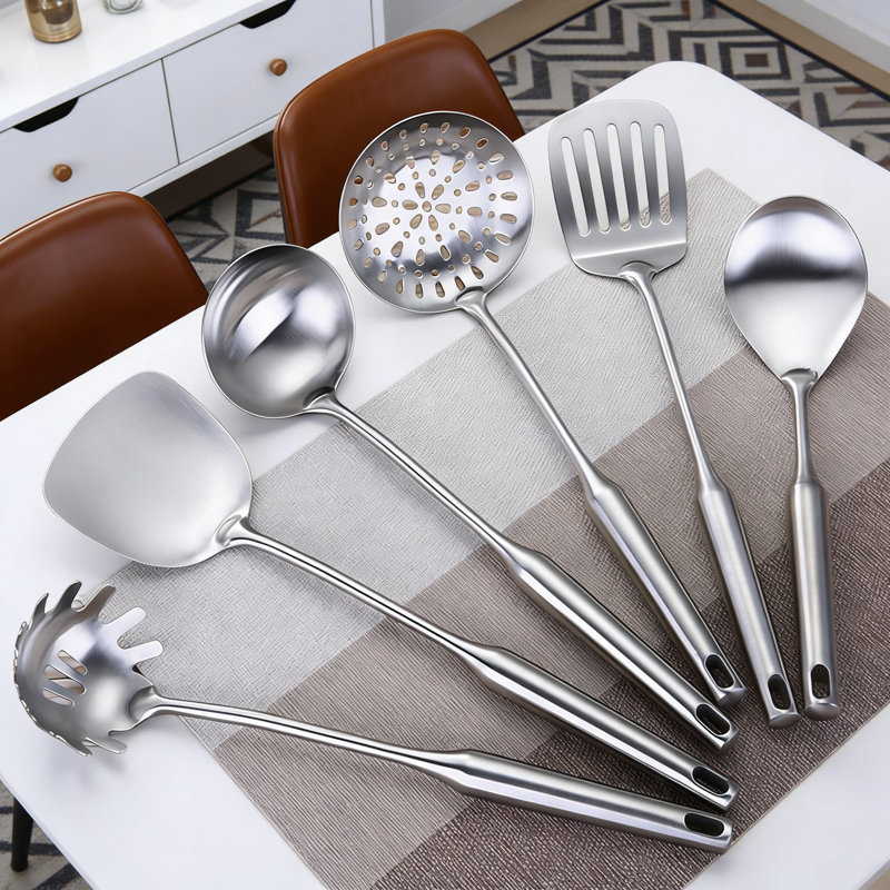 Ensemble d'ustensiles de cuisine 6 pièces en acier inoxydable - Spatule Wok, louche, écumoire, cuillère à pâtes, cuillère de service, tourneur à fentes - Outils de cuisine allant au lave-vaisselle
