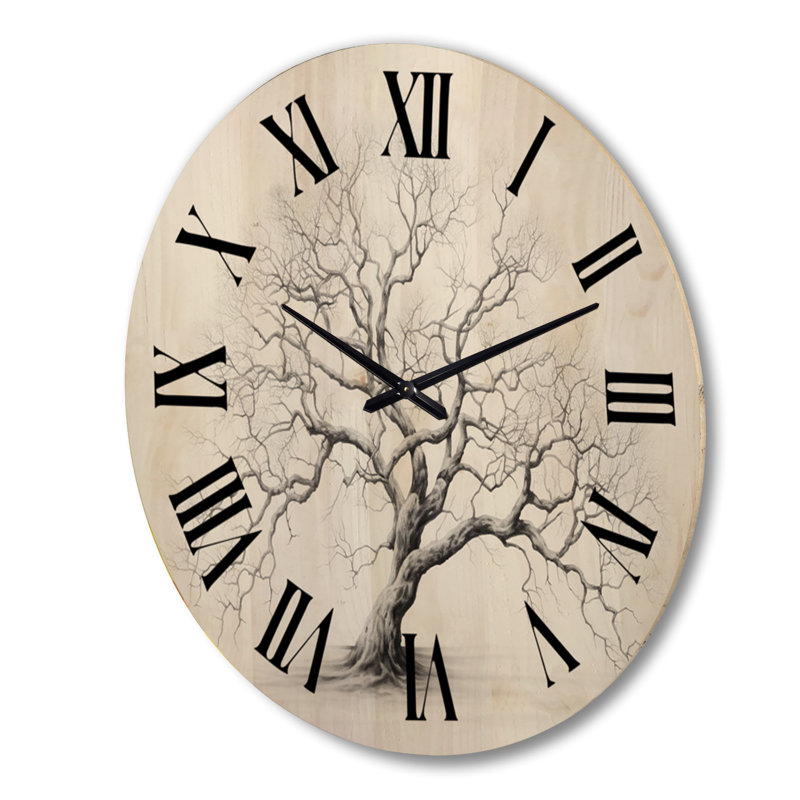 Grey White Tree Subtle Serenade II - Floral Oversized Wood Wall Clock, Extra Large