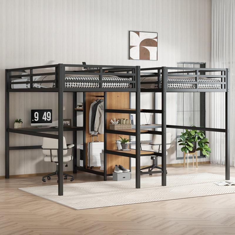 Woodgrain Twin Over Twin Metal Loft Bed with Double Desk, Wardrobe, Shelves & Electrical Outlet, Space-Saving and Noise-Reduced