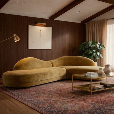 114" Mustard Yellow Curved Free-Form Sectional Sofa, Modern Asymmetrical Cloud Couch with Polyester Upholstery, Oversized Lounge Sofa for Living Room, Apartment & Contemporary Spaces, Right Facing Hand